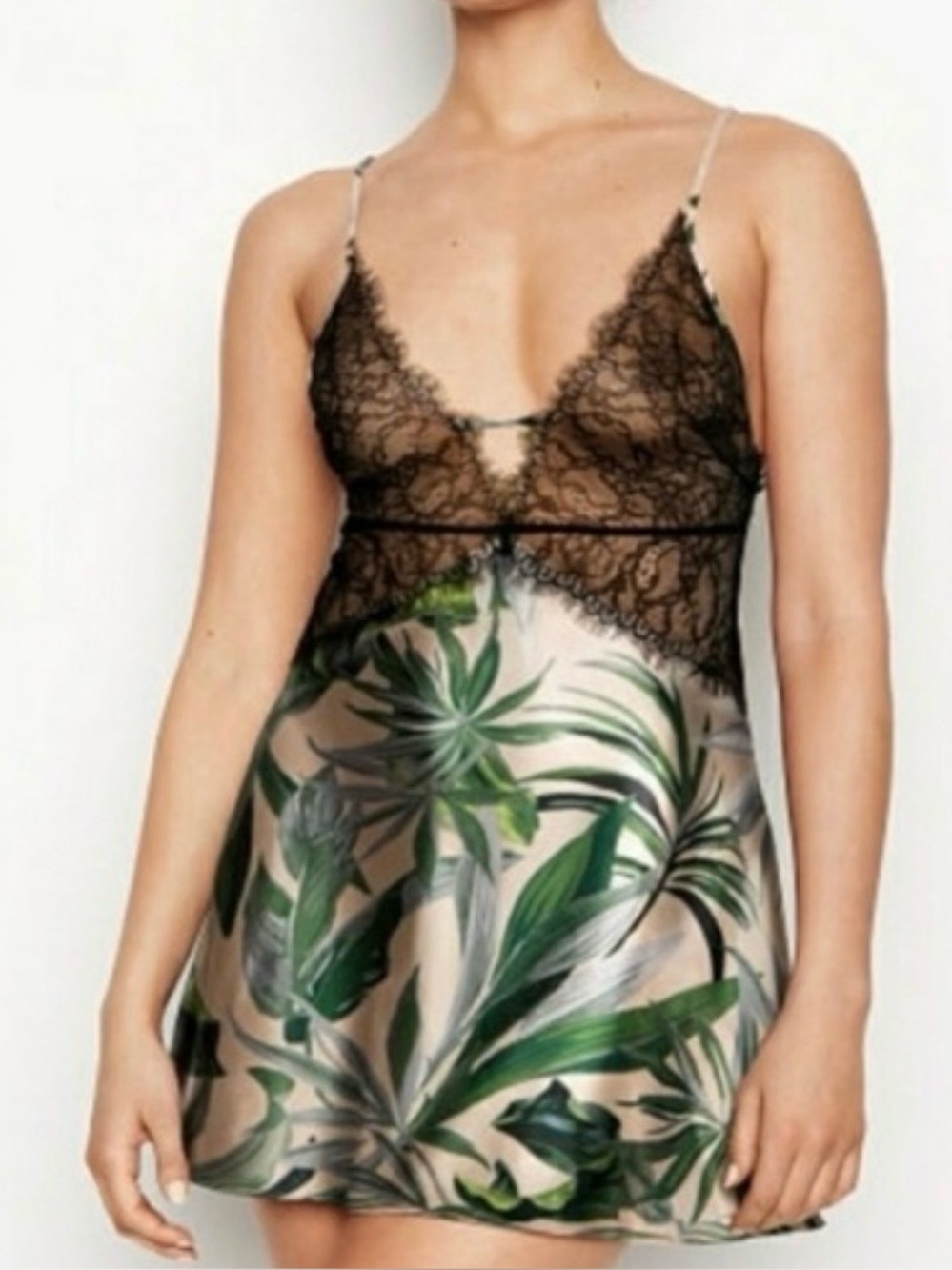NWT! VS Lace-Trim Tropical Print Chemise - Black & Green